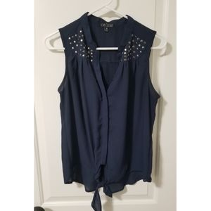 Navy tie front sleeveless blouse